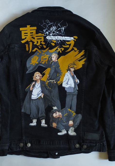 Anime Denim Jacket Painting, Anime Painted Jacket, Customise Jeans, Anime Denim Jacket, Embroidery Jeans Jacket, Anime Jacket, Customised Denim Jacket, Formal Dress Patterns, Hand Painted Denim