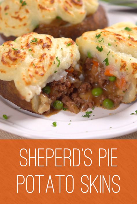 Sherpherd's Pie Potato Skins | As the saying goes two is better than one and this hearty dish blends two comfort food favorites - the classic shepherd's pie and potato skins. Serve it as a main dish or a side for the perfect warm up. Click for the recipe and video. #familydinner #easymeals #cooking Stuffed Potatoes, Two Is Better Than One, Shepherds Pie Recipe, Shepherd's Pie, Potato Skins, Food Favorites, Shepherds Pie, Cold Nights, Beef Dishes