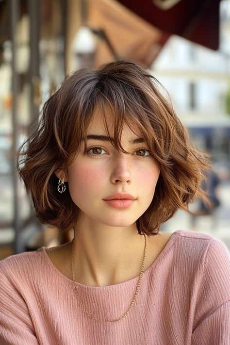 Shoulder Length French Bob With Bangs, French Bob Oval Face Shape, French Bob On Oval Face, Short French Bob Straight Hair, Womens Bob With Bangs, Short Romantic Hairstyles, French Bob On Chubby Face, 90s French Bob, Layered French Bob With Bangs