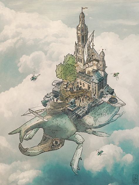 Beetle Flying, Décor Steampunk, Rhino Beetle, Floating Islands, Fantasy City, Fantasy Places, Fantasy Map, Fantasy Art Landscapes, Fantasy Concept Art