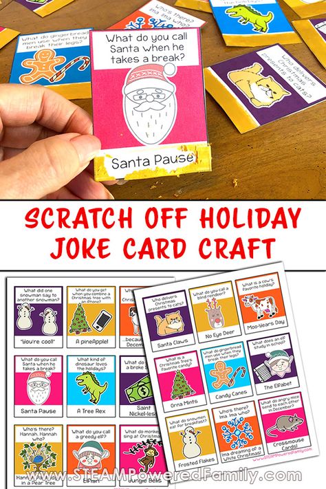 For the holidays make these adorable scratch off holiday joke cards with the kids. Bring the joy and laughter to Christmas with this craft. Are you looking for something really fun to do with the kids this holiday season? This is the perfect project! With a few simple supplies you can make scratch off Christmas joke cards that will have your kids feeling incredibly proud as they also spread laughter and joy this holiday season. Visit STEAM Powered Family for details. www.STEAMPoweredFamily.com Christmas Scratch Off Ideas, Diy Scratch Off Cards, Diy Scratch Off, Mystery Unit, Holiday Jokes, School 2021, Holiday Activities For Kids, Scratch Off Cards, Christmas Jokes