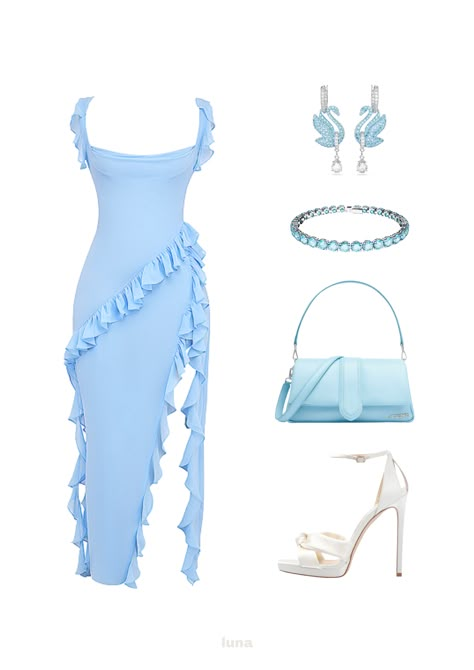 Light Blue Brunch Outfit, House Of Cb Blue Dress, Blue Dress Birthday Outfit, Blue Bliss Outfit, Light Blue Dress Aesthetic, Blue Earrings Aesthetic, Blue Birthday Outfits, Beach Outfit Blue, Baby Blue Dress Outfit