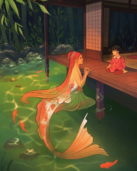 Hannah Alexander Artwork on Instagram: “Child speaking to her friend, a koi fish deity. Except nobody believes she's real 😔 #Mermay #mermay2021 #mermaid #mermaids…” Hannah Alexander Artwork, Hannah Alexander, Mermaid Artwork, Bd Art, Mermaid Drawings, Mermaid Pictures, Mermaids And Mermen, Costume Designer, Beautiful Mermaids