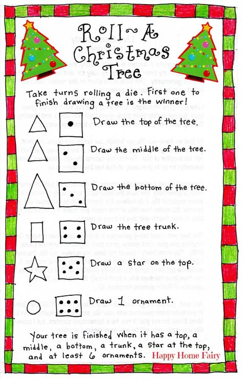 Happy Buddy and I played this fun and easy game this afternoon. All you need is some paper, dice, crayons, and the FREE Printable game (see below for download). **Click HERE for your FREE Printable Roll-A-Christmas-Tree Game** Have fun with your kiddos. 🙂 Happy Roll-A-Christmas-Tree Game-ing! Christian Christmas Party Ideas, Free Christmas Games, Christmas Tree Game, Primary Games, Christmas Gift Games, Happy Home Fairy, Xmas Games, Christmas Tree Images, Fun Christmas Party Games