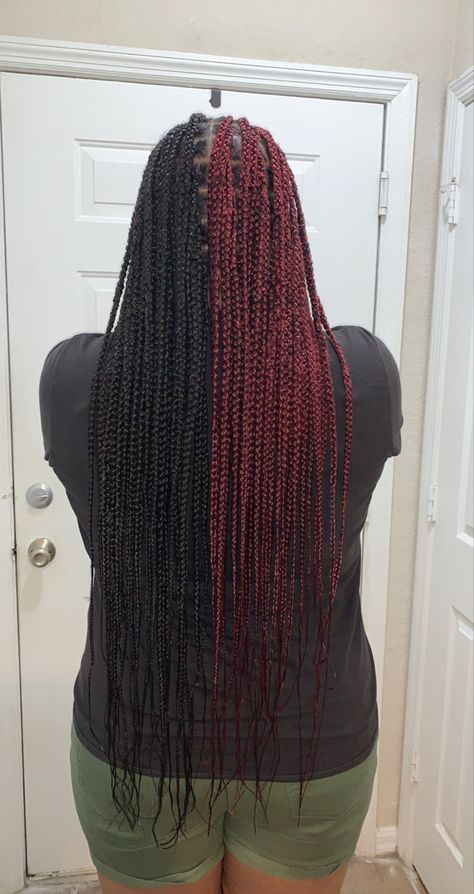 Half And Half Hair Color Box Braids Red And Black, Half Red Half Black Box Braids, Half Red Half Black Hair Braids, Half Black Half Red Braids, Black To Red Ombre Braids, Box Braids Half And Half Color, Half And Half Color Braids, Half Colored Box Braids, Half And Half Box Braids Color