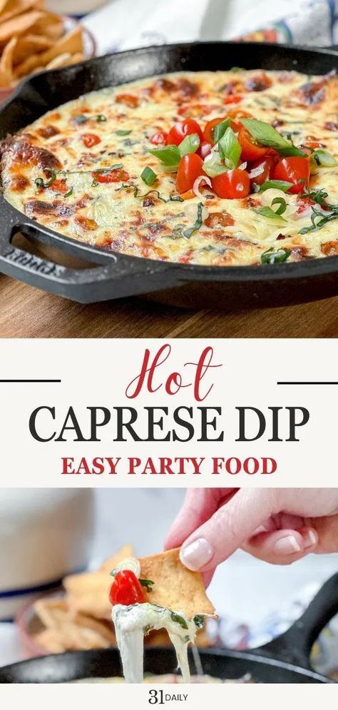 Hot Caprese Dip is an easy party appetizer filled with the Mediterranean flavors we love! It's zippy, cheesy, and oh-so-simple with a handful of ingredients and 15 minutes in the oven! It's party time! Caprese Dip, Caprese Appetizer, Dip Recipes Hot, Mediterranean Appetizers, Mediterranean Salad Recipe, Mediterranean Flavors, Delicious Dips Recipes, Delicious Appetizer Recipes, Party Appetizers Easy