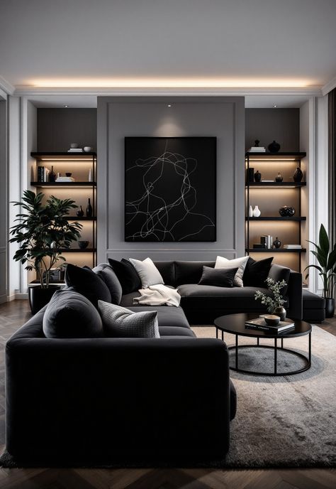 Dark Grey Couch Living Room Ideas Dark Modern House Interiors, Charcoal Couch Living Room, Black Grey Living Room, Grey Couch Living Room Ideas, Dark Grey Couch, Dark Grey Couch Living Room, Dark Grey Couches, Dark Grey Living Room, Couch Living Room Ideas