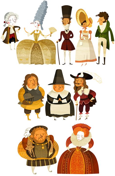 Historical Characters on Behance History Of Fashion, Cartoon Drawings Of People, Fashion Model Poses, Historical Characters, Illustration Character Design, Character Design References, Illustration Artists, Robins, Children's Book Illustration