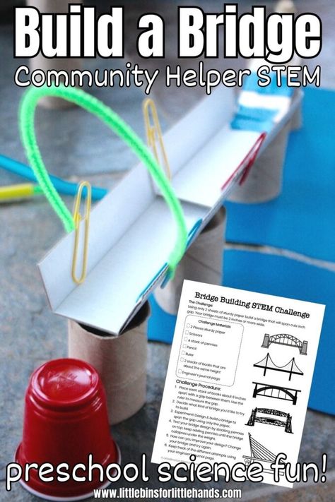 Building Bridges - Little Bins for Little Hands Easy Preschool Science, Bridge Stem Challenge, Stem Bridges, Stem Activities For Preschoolers, Pto Events, Preschool Stem Activities, Paper Bridge, Preschool Science Experiments, Simple Stem Activities