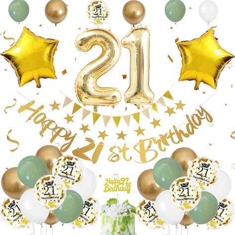 PRICES MAY VARY. 21st Birthday Decorations Sage Green: Our 21st birthday decorations include 6*10 inch metal gold balloons, 6*10 inch white balloons, 6*10 inch sage green balloons, 6*12 inch 21st printed balloon, 2*18 inch star foil balloons, 1*32 inch number 21 balloons, happy 21st birthday banner, gold pennant banner, gold star banner, 1*21st birthday cake topper, 1*ribbon. Material: Our Happy 21st Birthday banners are Made ofadvanced material materials and feature shiny cake topper to give yo Birthday Decorations Sage Green, Shiny Cake, 21st Birthday Party Decor, Gold 21st Birthday, Sage Green Balloons, 21st Birthday Cake Toppers, 21st Birthday Balloons, 21 Balloons, 21st Birthday Banner