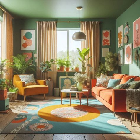 Orange And Sage Living Room, 60s Living Room, Design Esthetic, Coral Living Rooms, Sage Living Room, Seating Room, Dnevna Soba, Mid Century Modern Interior Design, Colourful Living Room Decor