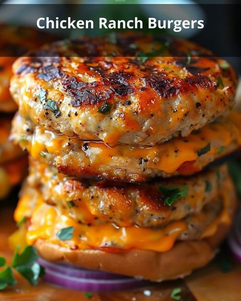 Recipes Vista | Savory Chicken Ranch Burgers with Cheddar and Fresh Veggies | Facebook Cheddar Ranch Chicken Burgers, Chicken Ranch Burgers, Ranch Burgers, Chicken Ranch, Cheddar Chicken, Ranch Seasoning Mix, Shredded Cheddar Cheese, Savory Chicken, Ranch Chicken