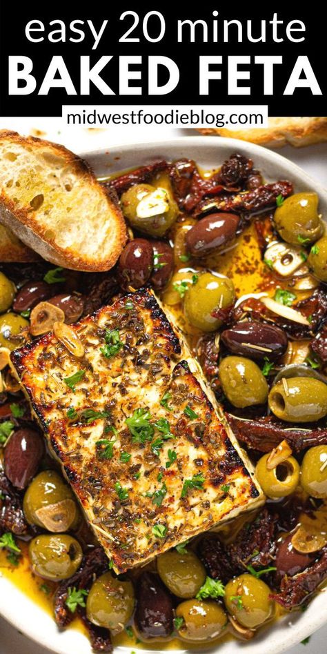 Baked Feta Appetizer, Baked Feta With Olives, Crispy Crostini, Feta With Olives, Feta Appetizer, Baked Feta Recipe, Roasted Olives, Baked Feta, Olive Recipes