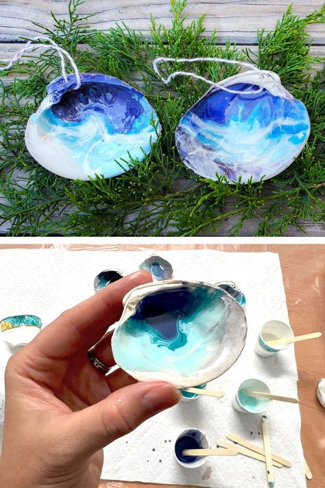 turn your summer shells into gorgoeous beach scene Christmas ornaments. How to make a resin ocean ornament. Seashell Christmas Ornaments, Beach Christmas Decorations, Beach Christmas Ornaments, Using Resin, Coastal Ornament, Coastal Christmas Tree, Resin Beach, Diy Christmas Presents, Christmas Crafts To Sell