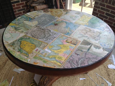 Mod Podge Map Table. #woodworkinginfographic Diy Maps, Orange Dresser, Decoupage Table, Map Table, Diy Mod Podge, Stained Table, Piano Bench, Wooden Spatula, Modge Podge