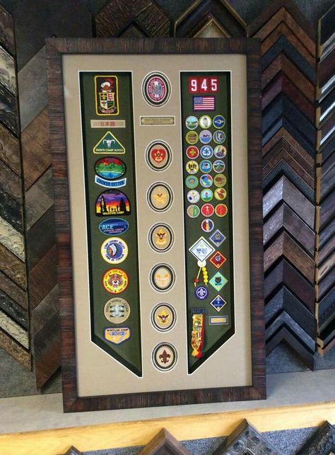 Scout Projects, Scout Organization, Scout Activities Ideas, Eagle Scout Gift Ideas, Scouts Badges Display, Scout Patch Display, Eagle Scout Shadow Box Ideas, Cub Scout Belt Loop Display, Eagle Scout Display