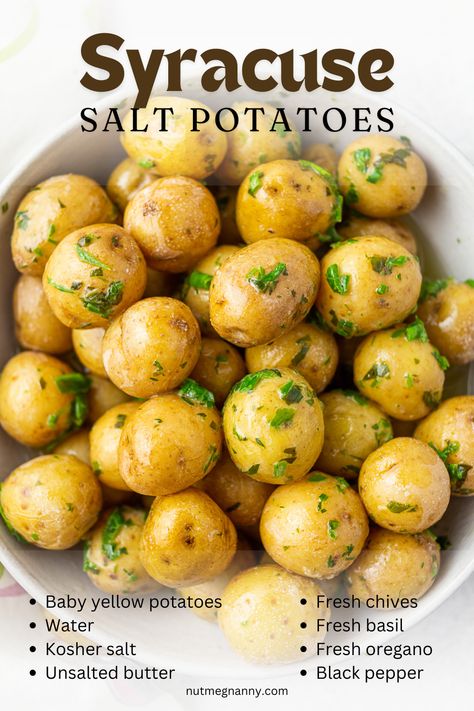 Creamy, flavorful, and finished with herb butter, these potatoes are an easy and delicious side dish. Perfect for any meal!  #PotatoRecipes #EasySideDish #ComfortFood Salted Potatoes Recipes, Salt Potatoes Recipes, Syracuse Salt Potatoes, Fresh Herb Butter, Salt Potatoes, Sides For Dinner, Baked Mashed Potatoes, Vegetable Side Dish Recipes, Salted Potatoes