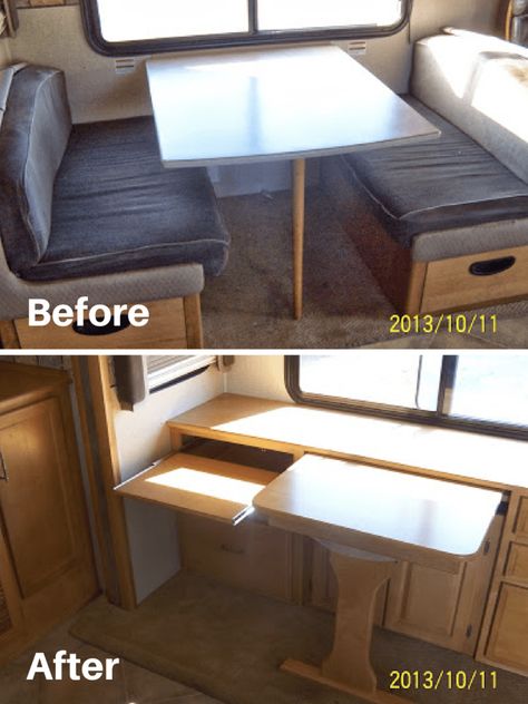 Removed dinette from motorhome and added custom built table and desks | RVs, campers, travel trailers, and motorhomes without the dining booth