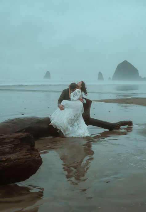 Cannon Beach elopement near Seaside, Oregon in the PNW with vintage long-sleeve dress and Haystack rock with fog Moody Beach Wedding Photography, Cannon Beach Oregon Photography, Cannon Beach Engagement Photos, Cannon Beach Elopement, Oregon Photoshoot, Brookings Oregon, Oregon Coast Elopement, Seaside Oregon, Haystack Rock