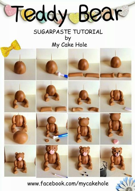 Teddy bear Clay Teddy Bear, Clay Teddy, Fondant Teddy Bear, Birthday Cake Video, Bear Baby Shower Cake, Clay Bear, Fondant Figures Tutorial, Travel Cake, Fondant Cake Designs