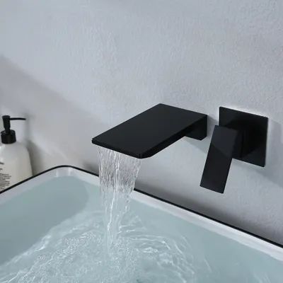 Bathroom Wall Faucets, Wall Mounted Bathroom Faucet, Wall Mount Faucet Bathroom Sink, Black Bathroom Sink, Waterfall Bathroom, Matte Black Bathroom, Wall Mount Faucet Bathroom, Waterfall Wall, Faucet Design