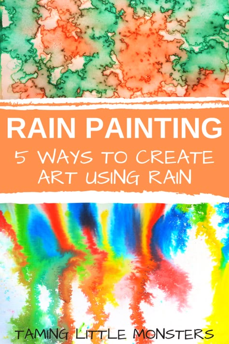 5 Rain Painting Process Art Activities for Kids - Taming Little Monsters Outside Art Activities For Preschool, Painting With Nature Preschool, Rain Art Activities, Rain Activity For Toddlers, Rain Themed Activities Preschool, Rainy Preschool Activities, Painting With Rain, Rainy Day Toddler Crafts, Rain Art For Toddlers