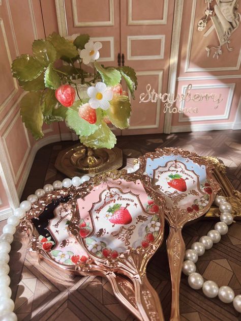 Strawberry Rococo Hand Mirror - Soft Pink Flower Knows Mirror, Portable Mirror, Handheld Mirror, Perfume Samples, Pink Mirror, Rococo Style, Hand Mirror, Beauty Items, Monster High Dolls