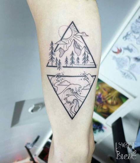 Triangle Nature Tattoo, Half Dome Tattoo, Beach And Mountain Tattoo, Geometric Mountain Tattoo, Sunset Tattoos, Couples Tattoo Designs, Wrist Tattoos For Guys, Bff Tattoos, Tattoos Skull