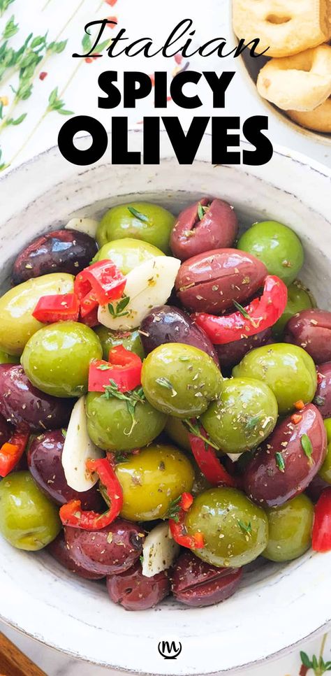 Flavoured with garlic, herbs and chili, these Italian spicy olives are juicy and bursting with flavor. They make a terrific appetizer or side, the perfect finger food for cheese boards or parties. #olivesrecipes #apperizerrecipes #appetizersforparty Gluten Free Dairy Free Appetizers, Dairy Free Appetizers, Dairy Free Cooking, Healthy Italian, Italian Olives, Olive Recipes, Italian Appetizers, Inexpensive Meals, Cheap Dinner Recipes