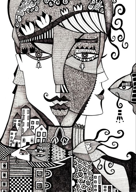 Abstract Face Art Drawings, Zentangle People, Abstract Face Illustration, Geometric Shapes Drawing, Black And White Illustrations, Zentangle Artwork, Doodle Art Journals, Pen Art Drawings, Zen Doodle Art