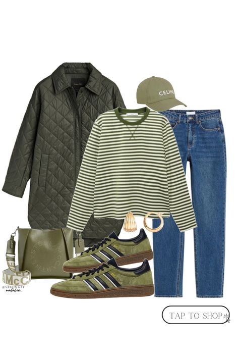 Green quilted jacket, green stripe sweatshirt, dark blue jeans, adidas Spezial trainers, Celine baseball cap, Stella McCartney bag. Everyday outfit, casual outfit, fall outfit, winter outfits. Green Spezial Adidas Outfit, Dark Green Sweatshirt Outfit, Striped Jacket Outfit, Green Leather Jacket Outfit, Celine Baseball Cap, Green Sweatshirt Outfit, Green Jacket Outfit, Dark Green Sweatshirt, Adidas Spezials