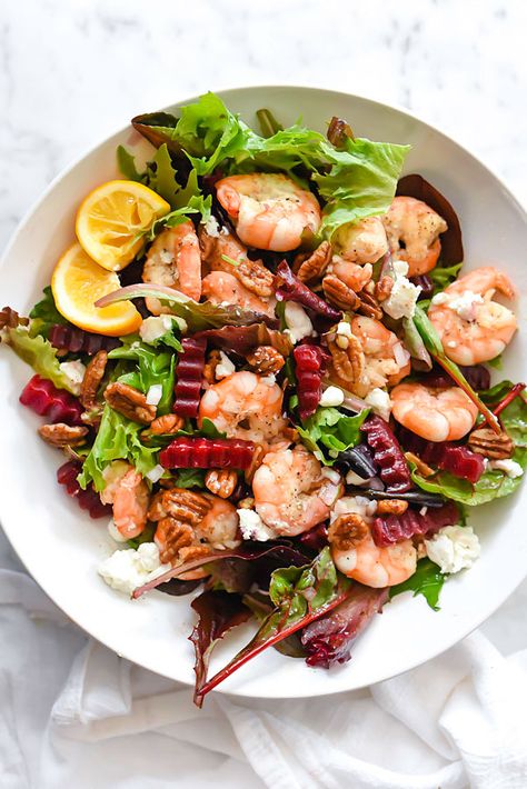 Sweet glazed pecans, roasted beets and goat cheese are added to fresh grilled shrimp over fresh spring lettuces to create a healthy meal in one bowl. Sweet Pecans, Salad With Shrimp, Beet And Goat Cheese, Shrimp Salad Recipes, Glazed Pecans, Foodie Crush, Goat Cheese Salad, Cheese Salad, Roasted Beets