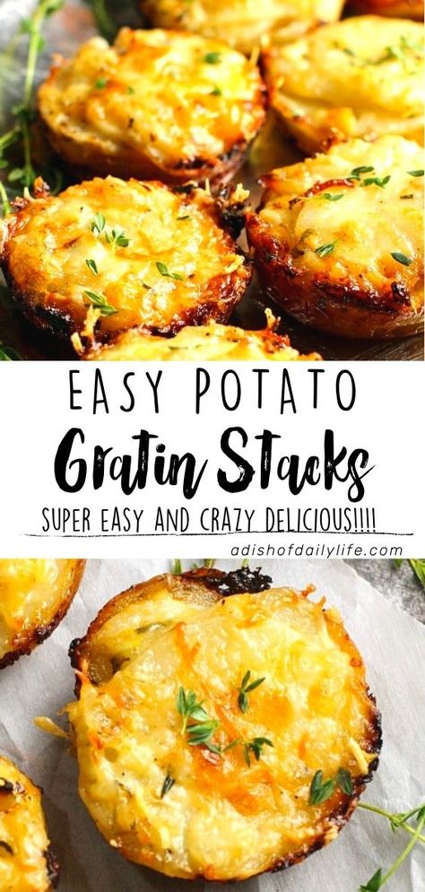 These Potato Gratin Stacks are a great short cut option for the more time consuming Potatoes Au Gratin casserole dish. They’re just as delicious, and they’re easier to make! Potato Gratin Stacks, Easy Potato Gratin, Potato Gratin Easy, Potato Stacks, Potatoes Au Gratin, Potato Gratin, No Dairy Recipes, Potato Dishes, On The Menu