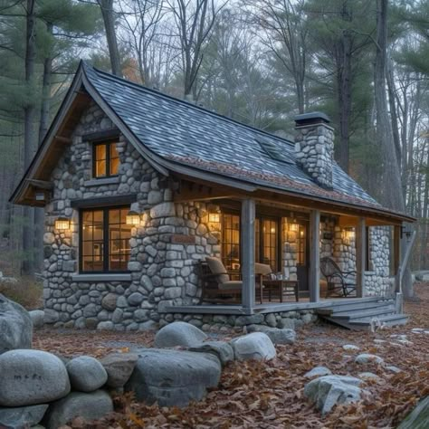 Stone Cabin, Stone Construction, Stone Homes, Log Cabin Rustic, Small Cottage Homes, Cottage Retreat, Stone Cottages, Cabin House Plans, Cozy Cabins