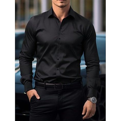 Men’s Dress Shirt, Mens Black Dress Shirt Outfit, Men Dress Up Outfits, Black Dress Shirt Outfit Men, Mens All Black Outfit Classy, Hoco Outfits For Guys, Dark Mens Fashion, Black Shirt Dress Outfit, Mens Wedding Shirts