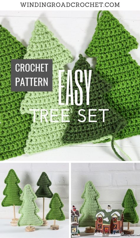 This quick crochet tree set will look great in your home all winter. Free crochet pattern and video tutorial for some great holiday decor. Crochet Christmas Presents, Winding Road Crochet, Crochet Christmas Trees Pattern, Diy Natal, Crochet Christmas Tree, Christmas Crochet Patterns Free, Crochet Tree, Crochet Xmas, Crochet Christmas Trees