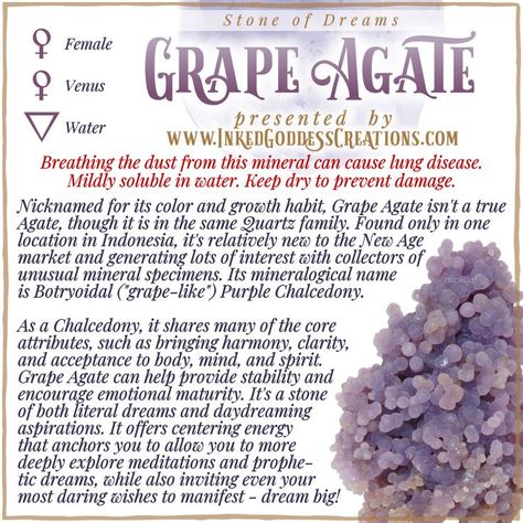 Energy Stones Crystal Healing, Witchcraft Herbs, Crystal Healing Chart, Agate Meaning, Grape Agate, Crystal Vibes, Purple Chalcedony, Eclectic Witch, Magick Book