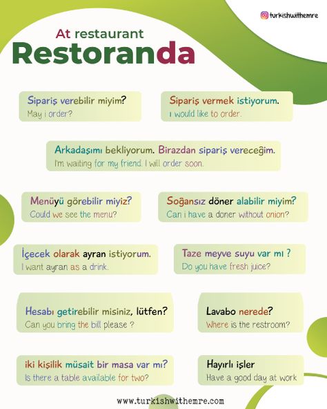 Food At Restaurant, Turkish Grammar, Turkish Restaurant, Turkish Lessons, Vocabulary Exercises, Learn Turkish Language, Restaurant Order, Food Vocabulary, At Restaurant