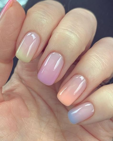 Samantha cox on Instagram: "Ombré with builders……where have you been all my life?!  Even more delicious with @twenty.pro.official new hema free pastel build and boost range 🩵🩷💚🧡💜 #hemafree #twentypro #nails #nailart #ombrenails #ombrenailart #biab #buildergel #springstyle #springinspo #springnails" Diy Summer Crafts, Ombre Nail Designs, Nail Art Ombre, Gradient Nails, Pastel Nails, Nail Designs Spring, Summer Diy, Summer Crafts, Ombre Nails