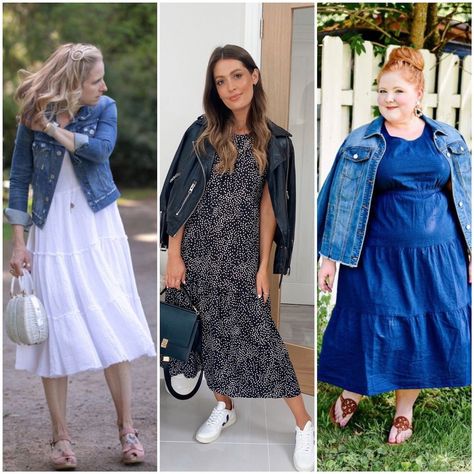 tiered dress with a jacket Jacket Over Midi Dress, Tiered Midi Dress Outfit, Tiered Maxi Dress Outfit, Tiered Dress Outfit, Sleeveless Dress With Jacket, Long Tiered Dress, Sleeveless Collared Dress, Tshirt Dress Outfit, Long Flowy Dress