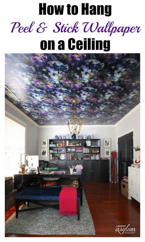 How to Hang Peel and Stick Wallpaper on a Ceiling DIY Wallpaper Ceiling Ideas, Lanai Ideas, Hang Wallpaper, Peeling Wallpaper, Wallpaper Ceiling, Popcorn Ceiling, Diy Ceiling, Ceiling Ideas, How To Hang Wallpaper