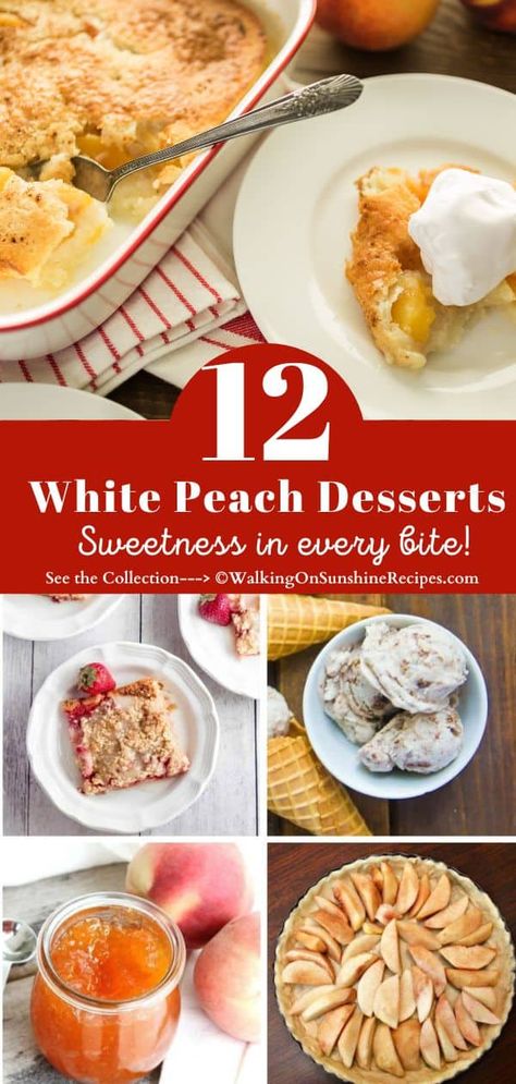 If you love desserts but are looking for something a little bit different, you won't want to miss out on these White Peach Desserts! From delicious cobblers, jams and ice cream, all these recipes are made using juicy, sweet white peaches! White Peach Crisp, White Peach Cobbler Recipe, White Peach Dessert Recipes, White Peach Recipes Desserts, White Peaches Recipes, Fresh White Peach Recipes, Recipes With White Peaches, White Peach Dessert, Quick Peach Dessert Recipes