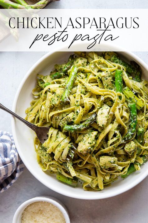 This chicken asparagus pesto pasta features tender fettuccine pasta tossed with sautéed chicken, asparagus, and lots of flavorful pesto. Grilled Chicken Asparagus Pesto Pasta, Chicken Asparagus Pesto Pasta, Pesto Pasta With Asparagus, Asparagus Pesto Pasta, Chicken Asparagus Pasta, Sautéed Chicken, Basil Pesto Pasta, Creamy Pesto Pasta, Basil Pesto Sauce