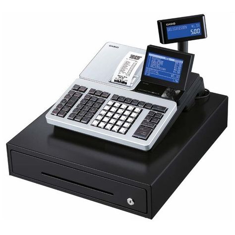 Casio SRS500 Cash Register is a 25 Department machine which can connect via Bluetooth to a Mobile Phone or Tablet in order to Program and Collect Sales. Electronic Journal, Cash Machine, Store Shelves Design, Storage Center, Cash Register, Business Office, Thermal Printer, Programing Software, Office Phone