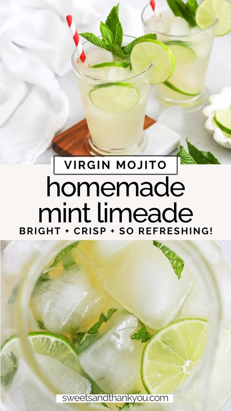 Mint Limeade Recipe, Homemade Limeade, Non Alcoholic Punch Recipes, Virgin Mojito Recipe, Mint Limeade, Progressive Dinner Party, Lime Drink, Summer Mocktail, Limeade Recipe