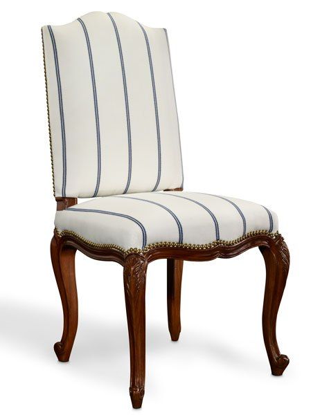 Cannes Dugiere dining chair with antiqued-brass nailhead trim, with mahogany frame available in a variety of finishes (shown here in Cannes Noyer) and a choice of fabric, leather, or c.o.m. upholstery (pictured here in Bolette Snow fabric), 40.5" h. x 20" w. x 23" d., from $3,525. Black And White Chair, Shelter Island, Chair Furniture, Best Furniture, Furniture Designs, Ralph Lauren Home, Architectural Digest, Beautiful Interiors, Dining Room Chairs