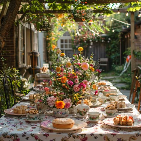 High Tea Picnic Garden Parties, Maximalist Tea Party, Whimsical 30th Birthday Party, Backyard Tea Party Birthday, Croquet Garden Party, Forest Tea Party Aesthetic, Tea Party Florals, Cottage Tea Party, Wildflower Tea Party