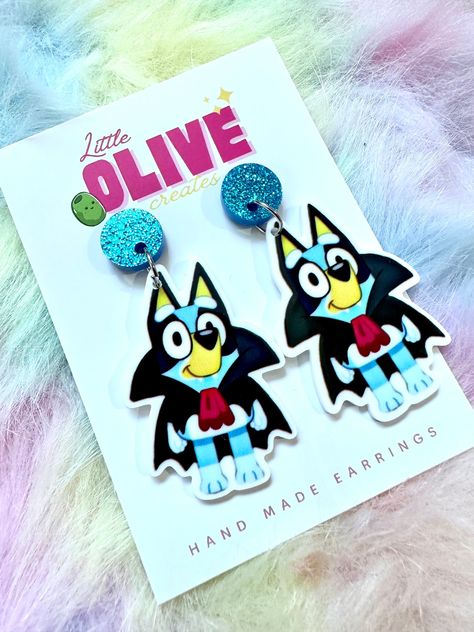 Bluey Halloween Earrings - Vampire Bluey and Witchy Bluey and Bingo by LittleOliveCreates on Etsy Costumes For Teachers, Bluey Halloween, Bluey And Bingo, Bluey Bingo, Heart Key, Blue Heeler, Halloween Earrings, Young At Heart, How To Make Earrings