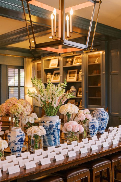 Chinoiserie escort card table with white and blush florals. Escort card wedding table. Oyster Wedding, Chinoiserie Wedding, Table Pc, Blue Weddings, Card Table Wedding, Cricket Club, Card Table, Entry Table, Card Wedding