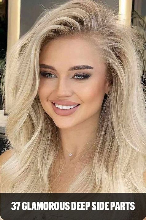 Voluminous Light Blonde Long Hair with a Deep Side Part Deep Side Part Hairstyles, Volume Straight Hair, Blonde Long Hair, Deep Side Part, Velcro Rollers, Long Length Hair, Blonde Wavy Hair, Side Part Hairstyles, Side Hairstyles